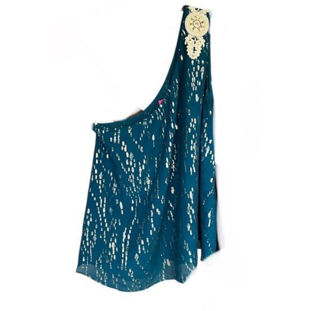 Lilly Pulitzer Teal One-Shoulder Beaded Blouse